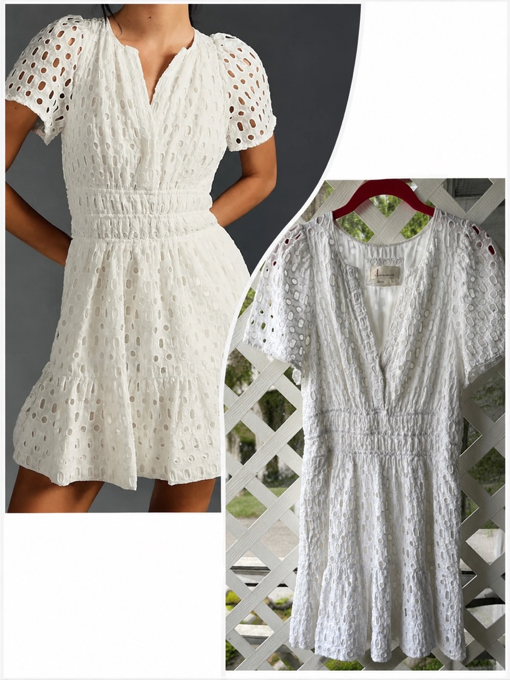 Anthropologie Somerset Eyelet Mini Dress White Tiered Smocked Waist M